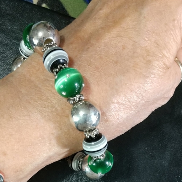 🎄Large Bracelet Glass Fluorite Beads with Rhinestones Sterling Silver Beads NEW - Picture 4 of 9